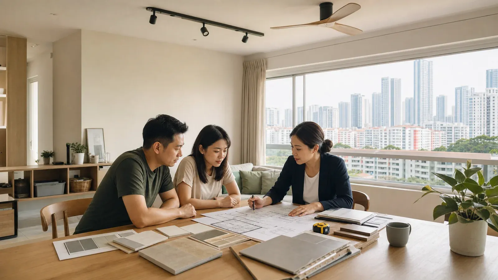 Singapore homeowners comparing renovation quotations with a renovation professional